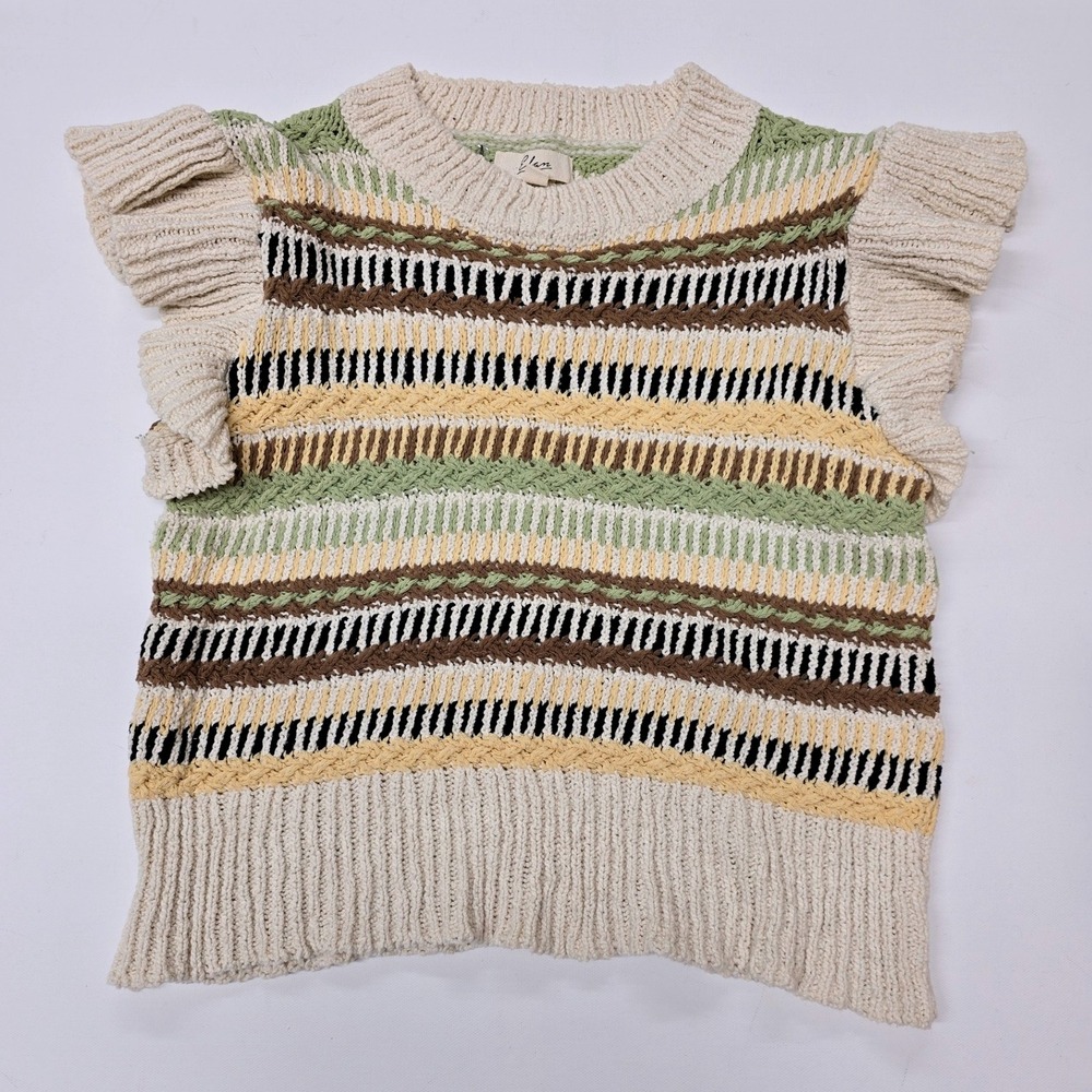 Elan Women's Striped Ruffle Sleeve Knit Sweater‎ Top Size L